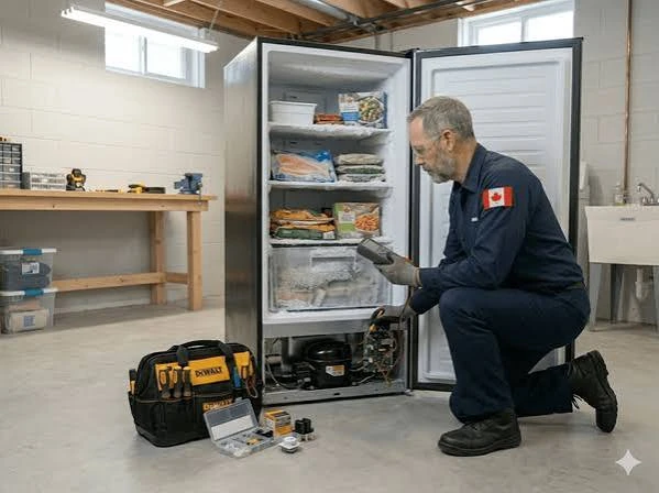 Technician servicing an upright freezer