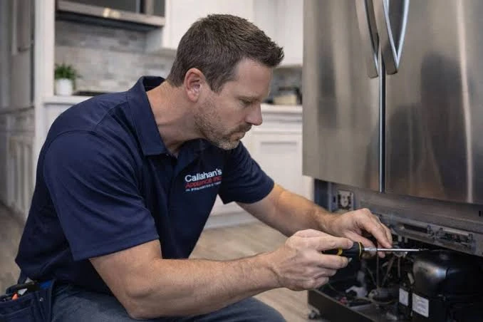 Technician inspecting the lower service panel of a refrigerator
